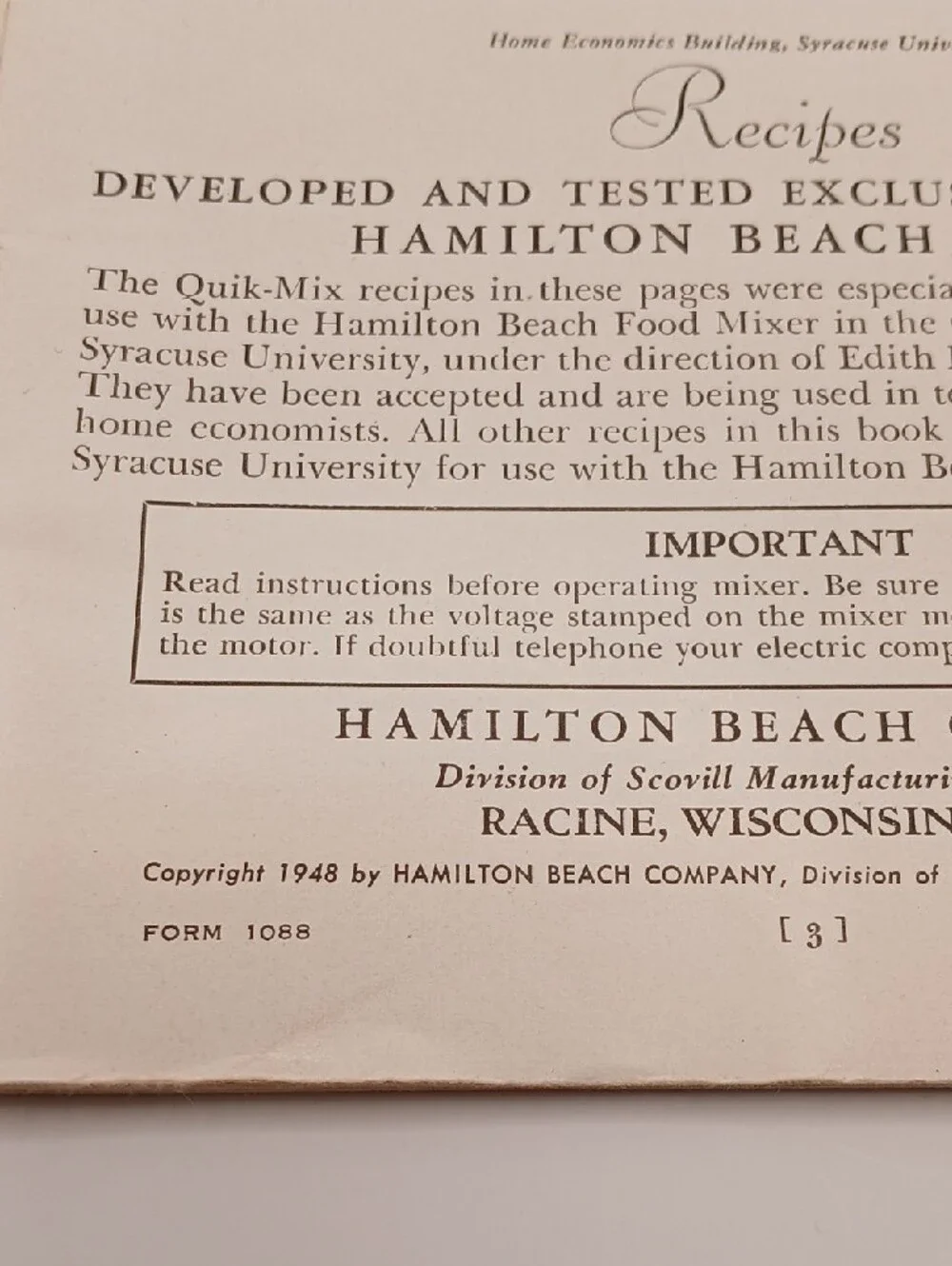 1948 Hamilton Beach Food Mixer Instruction & Recipes Booklet